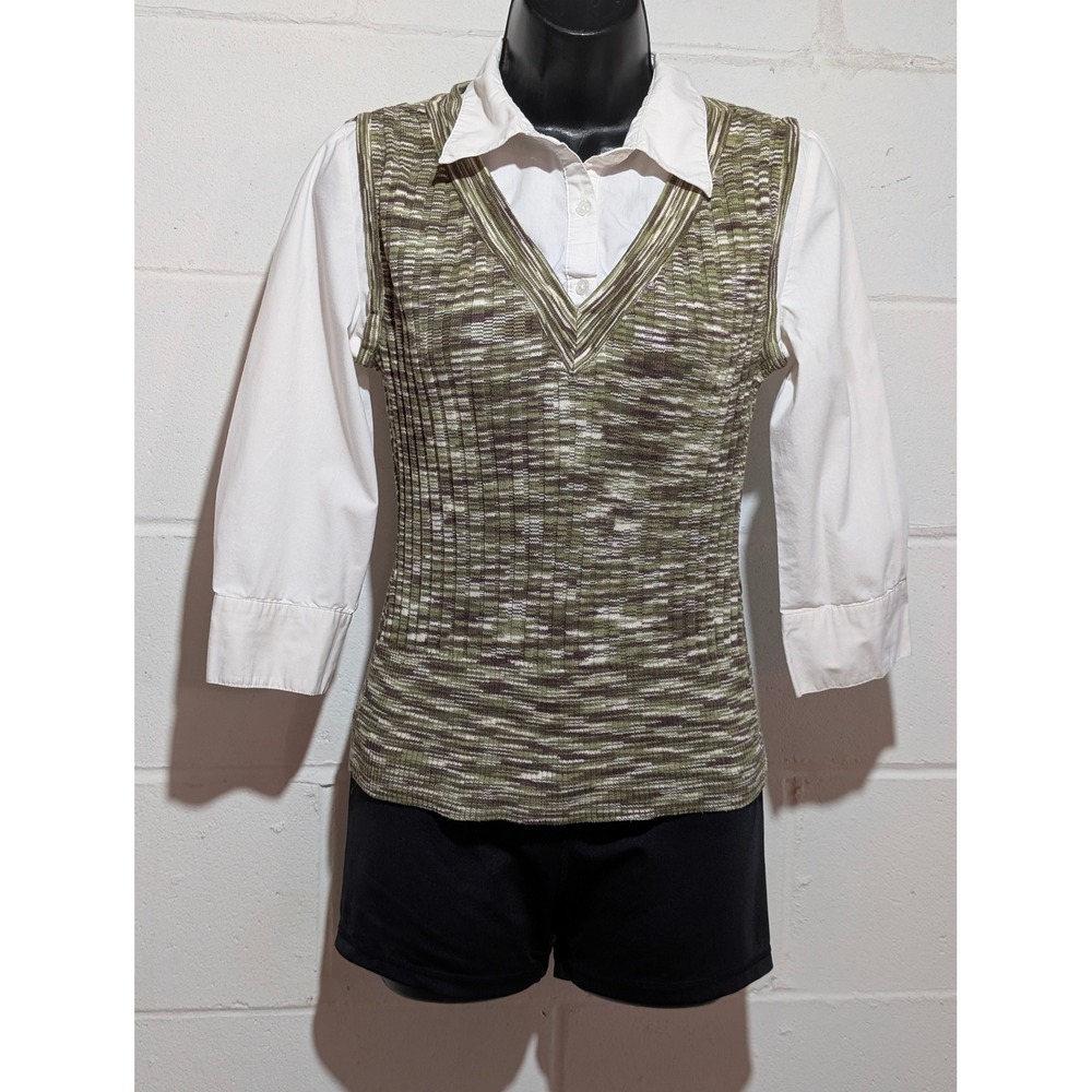 APT 9 Women Knit Sweater Vest Attached White Collared Shirt 3/4 Sleeve Top Small